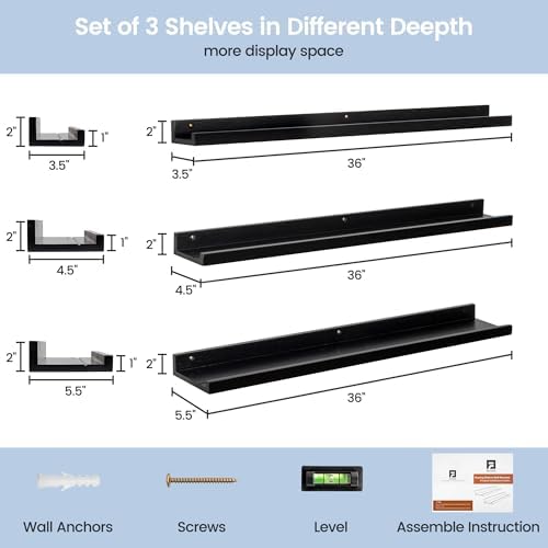 Picture Ledge Wall Shelves - 36 Inch Width Set of 3, Solid Pine Wood Rustic Floating Ledge Shelves for Kids' Room, Bedroom, Kitchen, Bathroom, Living Room, Nursery Display Wall Decor, Black