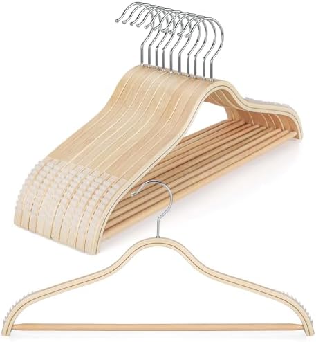 TOPIA HANGER Sleek Wooden Hangers with Non-Slip Rubber Grips, Sweater Hangers No Shoulder Bump, Lightweight Clothes Hangers 10-Pack, 360° Swivel Hook and Pants Bar-CT63N