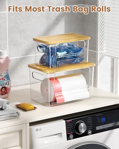 Trash Bag Dispenser 2 Pack (XL+S) - Trash Bag Holder with Bamboo Top