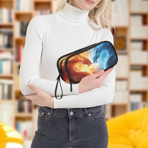 Wfrish Red Dragon Fire Blue Large Capacity Pencil Case, 3 Compartments Pen Pouch Organizer for School College Office, Zippers Big Pencil Bag for Teens Adults Girls Boys Makeup
