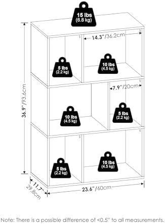 Furinno DALY Book Shelf, 6-Cube Bookshelf, Cube Storage Organizer Bookcase with Irregular Compartments, 11.7 x 23.6 x 36