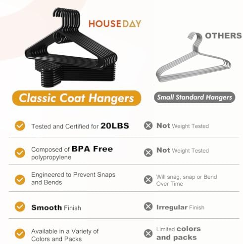 HOUSE DAY Heavy Duty Plastic Hangers 24 Pack - Thick Black Clothes Hangers
