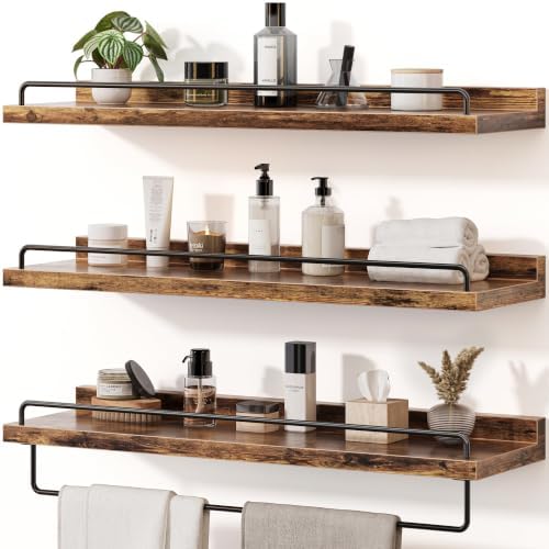 Seocry Bathroom Shelves, Wall Shelf Set of 3, Floating Shelves, Shelves for Room Wall, Bathroom Decor (Rustic Brown, 23.