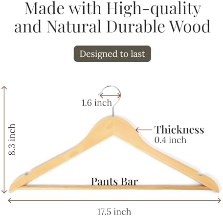 Wooden Hangers 30 Pack – Heavy Duty Wood Coat Hangers with Non-Slip Pant Bar & 360° Swivel Hook, Smooth Finish Clothes Hangers for Closet, Shirts, Suits, Jackets, Dresses & Pants – Natural Wooden