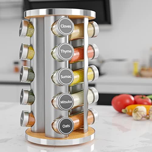 Revolving Spice Rack Set with 20 Spice Jars, Kitchen Spice Tower Organizer for Countertop or Cabinet -- Carousel Storage