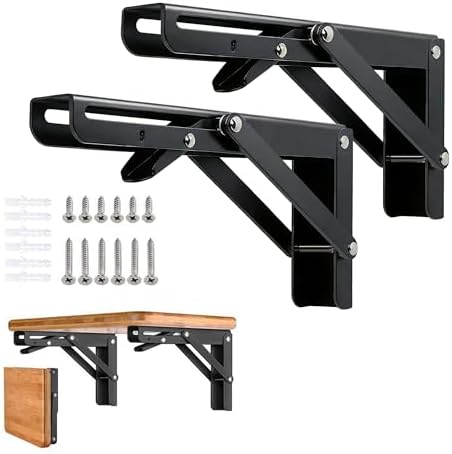 Folding Shelf Brackets - 10 Inch 2 Pcs Heavy Duty Metal Collapsible Triangle Shelf Bracket, DIY Wall Mounted Foldable Sh