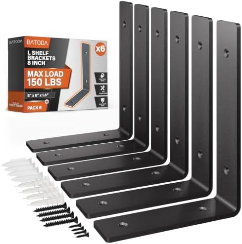 BATODA 8" Heavy Duty Shelf Brackets for Floating Shelves,Pack 6 Black Steel