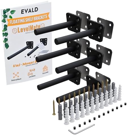 EVALD LevelMate™ Uni-Mount 4 Inch Floating Shelf Brackets, Hidden Shelf Brackets with Anti-Sag Pinol Screw System, Float