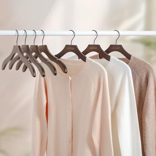 TOPIA HANGER Wooden Hangers for Women, Premium Sweater Hangers No Shoulder Bump, 360° Swivel Hook and Cut Notches Clothes Hangers for Sweater, Coat, Shirts, Hoodies, Dress, 24 Pack Walnut CT85WA