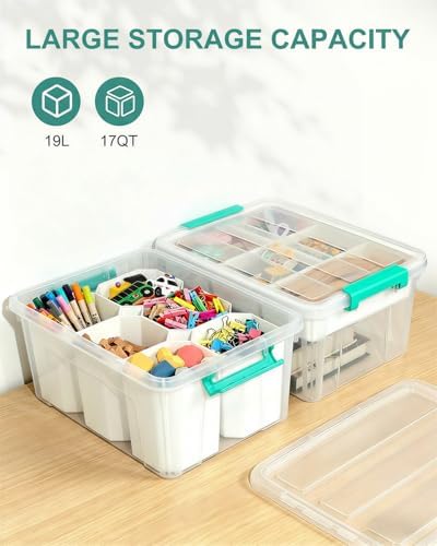 EOENVIVS Clear Storage Boxes with 6 Tall Inserts, Large Plastic Organizer Box with Lid and Handles, 15.94x11.61x7.28 Inc