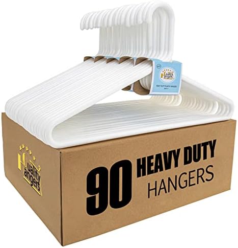 Quality White Plastic Hangers 90 Pack - Super Heavy Duty Multipack for Clothes - Thick Strong Standard Closet Clothing Hangers with Hook for Scarves and Belts-17 for Coats (White, 90)
