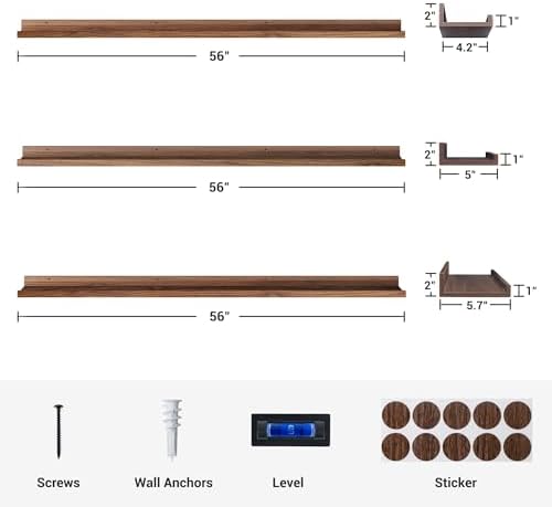 Axeman Picture Ledge Shelf, 55 Inch Walnut Floating Shelves Set of 3