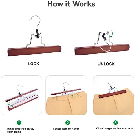 Nature Smile Wooden Non-Slip Pants Skirt Hangers - Smooth Finish Solid Wood Jeans Slack Clamp for Hair Extensions (20 Pack Cherry)