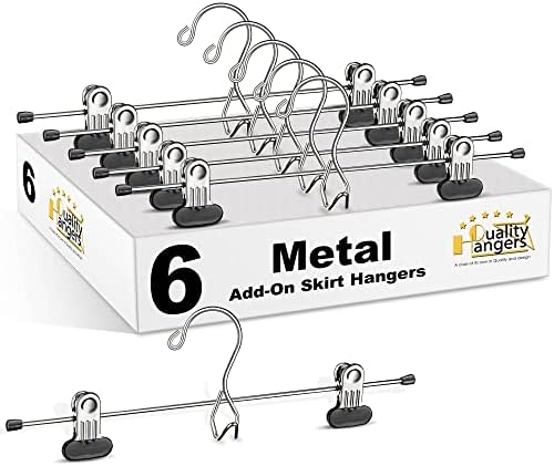 6 Quality Pants Hangers Heavy Duty Add-on Skirt/Slack Metal Hanger, Extra Wide Adjustable Clips, Multi Stackable Add on Hangers, Chrome, Jeans, Bottoms, Set of 6