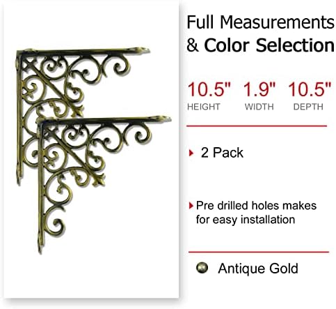 NACH Decorative Shelf Brackets, 2 Pack of 10.6 x 2 x 10.6 inch, Gold Cast Iron Wall Shelf Brackets - Decorative Bookshel