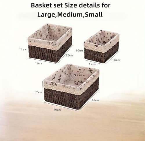 Wicker Woven Baskets With Liner, 3Packs Small Square Decorative Shelf Basket For Home Storage And Organizing (coffee)