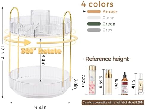 360° Rotating Makeup Organizer, Upgraded 2 Tier Skincare Perfume Organizers for Women, Bathroom Organizer Countertop, Cl