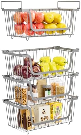 4 Pcs Stackable Wire Baskets for Pantry Organizers and Storage, Gray