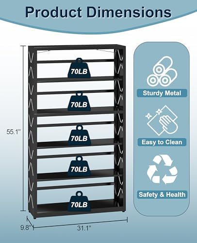 5-Tier Tall Book Shelf, Metal Bookcase with Adjustable Shelves