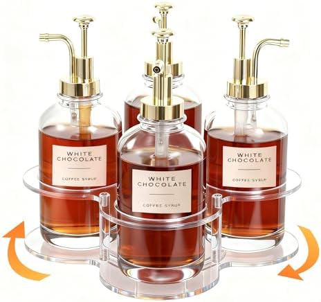 IEEK Rotating Coffee Syrup Organizer,Syrup Bottle Holder for Syrup Dispenser 16.9oz,Clear Acrylic Coffee Syrup Rack for 