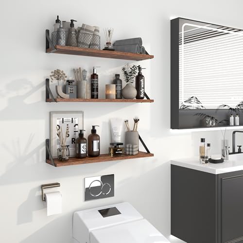 Heimlove Floating Shelves for Wall, 24 Inch Long Wood Floating Shelves Set of 3, Wall Mounted Hanging Shelf for Bathroom