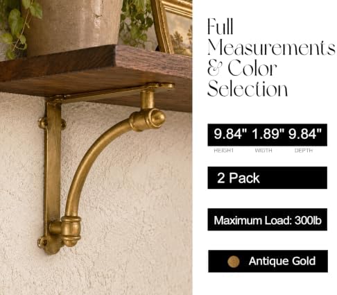 NACH Decorative Shelf Brackets, 2 Pack of 9.6 x 1.7 x 9.6 inch Gold Brackets - Cast Iron Shelf Brackets for Mounting - H