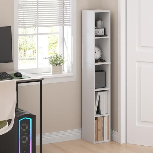 Furinno Fulda Book Shelf, 5-Tier Tall Narrow Bookshelf, Standing Bookcase with 8-in Width Storage Shelf, 9.3 x 7.9 x 51.