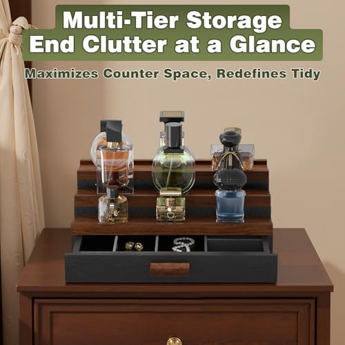 Perfume Cologne Organizer for Men: 3 Tier Wooden Perfumes Stand, Desktop Parfum Holder Wood Display Shelf with Cabinet, 