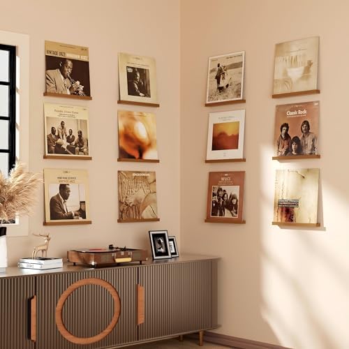 Emfogo Vinyl Record Shelf Wall Mount, 12 Pack Album Record Holder Wall, 12 inch Vinyl Record Storage Shelves Wall, Wood 