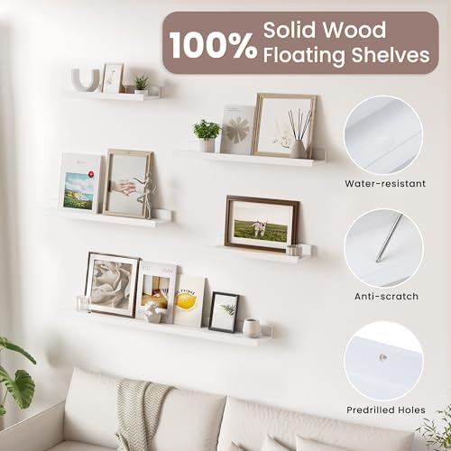 Acovy Floating Shelves for Wall, 16 inch Solid Wood Picture Ledge Shelf, Picture Shelf for Wall with Ledge, Floating Book Shelves for Living Room Bedroom Kitchen Nursery Decor, White, Set of 2