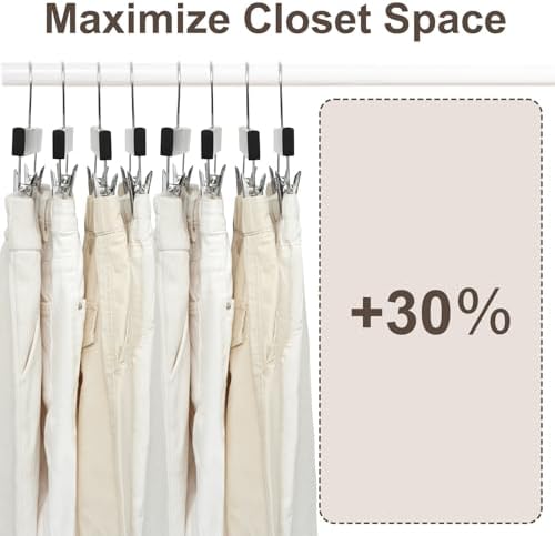 BAGAIL 20 Pack Wooden Pants Hangers with Adjustable Clips, 360°Swivel Hook Space Saving Skirt Holders with Anti-Rust Clips for Trousers, Jeans, Shorts (Black)