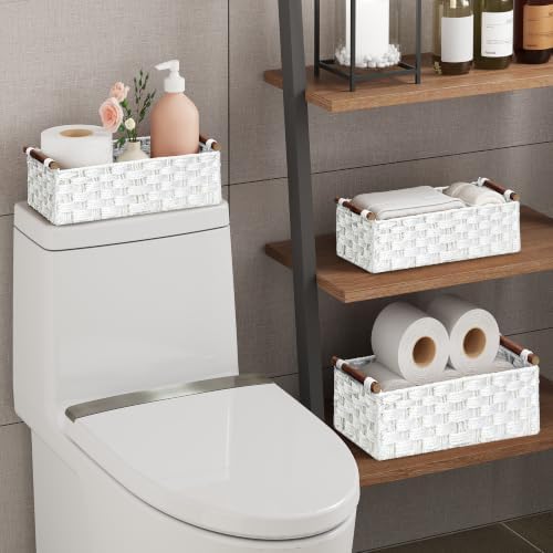 Vagusicc Wicker Storage Basket, Set of 2 Hand-Woven Paper Rope Wicker Basket for Organizing with Handle Decorative Stora