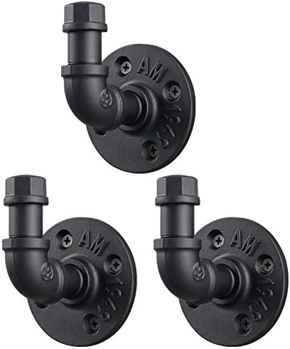 3 Pack Industrial Style Robe Towel Hook Wall Mounted Metal Iron Pipe Coat Hanger Hat Holder Bag Rack for Bathroom Bedroom Kitchen, Rust Free, Black