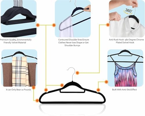 GVTECH Premium Velvet Hangers, [50 Pack] Non Slip and Heavy Duty Velvet Suit Hangers (45cm) with Tie Bar, 360° Swivel Hooks, Sturdy to Hold Jumper, Pullovers, Jackets & Hoodies (White, 50 Pack)