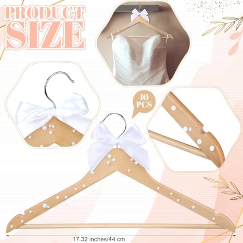 Wonderjune White 10 Pcs Bride Hanger for Wedding Bride Groom Bridesmaid Ribbon Bow Pearl Hanger Wood Color Elegant Wooden Dress for Bridal Shower Tuxedo Photo Keepsake Party Gift (Pearl Bow)