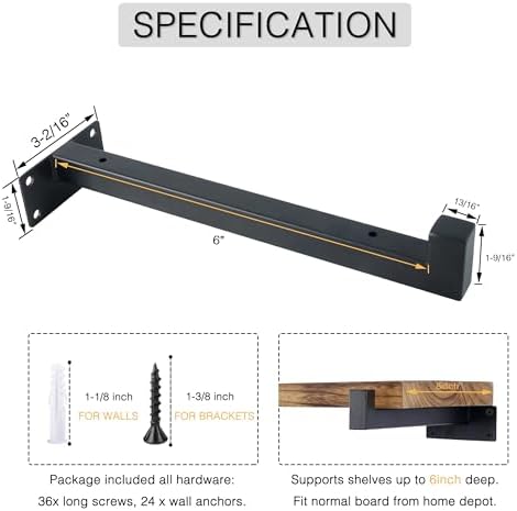 OVOV 6 Pack 6 Inch Black Shelf Brackets with Lip Wall Shelf Brackets