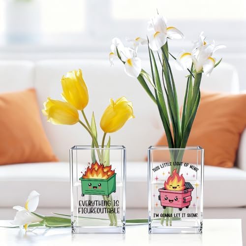 Dumpster Fire Funny Acrylic Pencil Pen Holder Cup Set 2, Cute Pencil Holder Desk Organizer, Dumpster Fire Desk Accessories, Mental Health Gifts for Women Men Teachers Colleagues Students