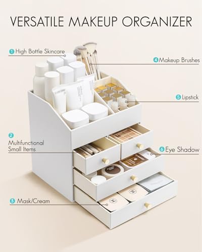 VLANDO Makeup Organizer Countertop with 4 Drawers,White