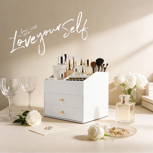 Homeanda Makeup Organizer with Drawers, PU Leather Cosmetic Storage Box Large Cosmetic Display Case for Skincare, Lipsti