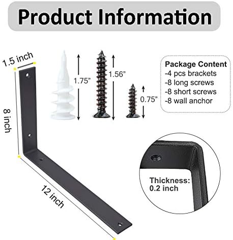 Shelf Brackets 12 Inch Wall L Brackets 4PCS Heavy Duty for Shelves Metal Black Rustic Industrial Brackets for DIY Openin