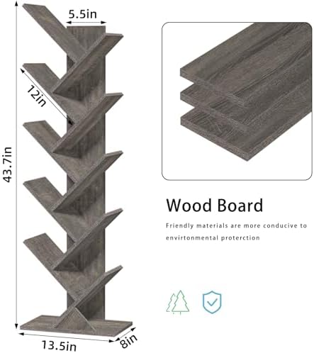 10 Tier Tree Book Shelf, Floor Standing Wood Bookshelf for Narrow Space