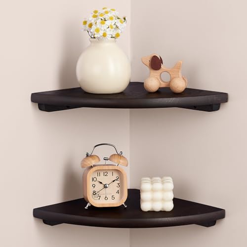 Gieanoo Floating Corner Shelves Set 2 10inch Walnut Solid Oak Rounded Corner Shelves Wall Mounted with Cable Hole Wood C