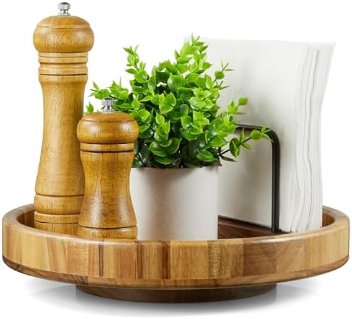 12'' Acacia Wood Lazy Susan Organizer Turntable for Cabinet, Round Wooden Spice Organization and Storage, Rotating Condi