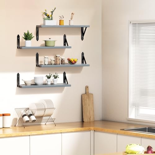 ROMGUAR CRAFT Wood Wall Floating Shelves Set of 4, 17" x 6" - Grey