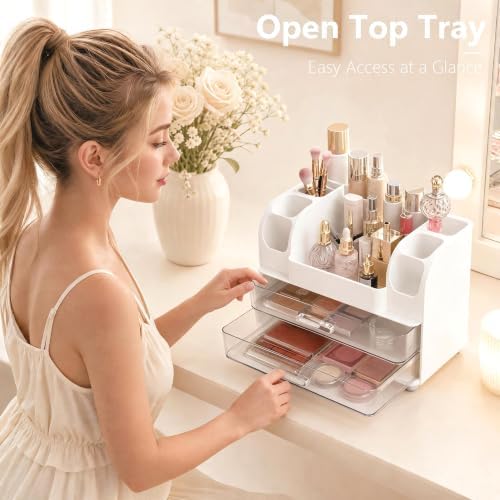 Makeup Organizer for Vanity with Brush Holder, Countertop Bathroom Cosmetic Organizer Skin Care Storage, Large Easy to S