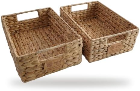 Wicker Storage Baskets for Shelves, 2 Pack, 12" x 8" x 4" | Small Woven Baskets for Organizing, Water Hyacinth Baskets, 