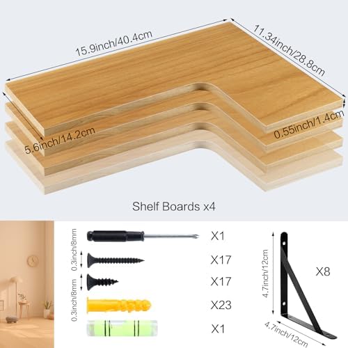 Corner Floating Shelves, Set of 4, Natural, 15.9 x 11.4 Inch