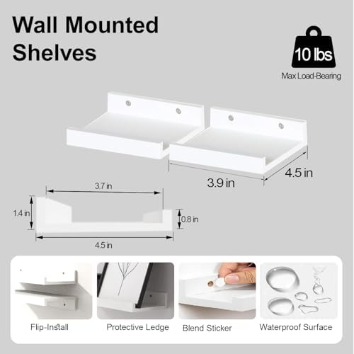 Small White Floating Shelves for Wall, Shelf with Lip Set of 2, 4 in