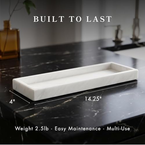 Bey-Berk Atticus Marble Bath Tray (White), 14.25" x 3.75" x 4", Genuine Stone Vanity Organizer