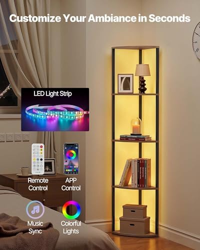 VEVOR 5 Tier Corner Shelf with LED Light, 64" Tall Corner Bookshelf with Storage Shelves for Collectibles, Display Shelf